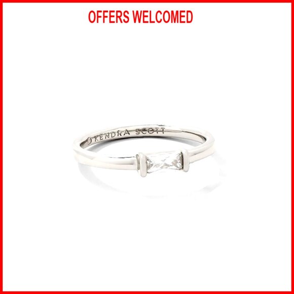Rhodium-Plated Brass Band Ring with White Crystal Prong Setting